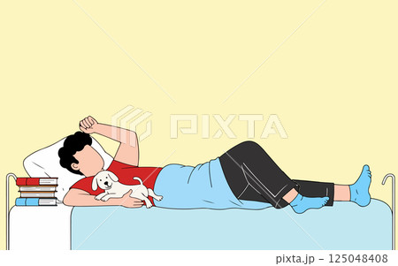Man Relaxing with Dog on Bed 125048408