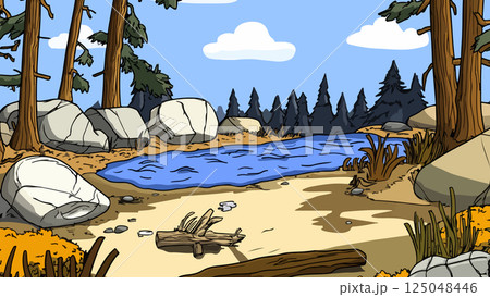 Cartoon Landscape with Lake and Trees 125048446