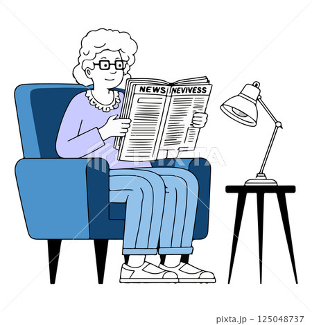 Woman Reading Newspaper in Armchair 125048737
