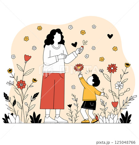 Mother and Child in a Flower Garden 125048766
