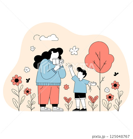 Mother and Child in a Flower Garden 125048767