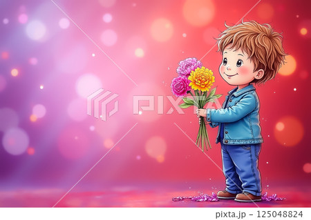 手に花束を持った小さな男の子のイラスト 手に花束を持った小さな男の子のイラスト 125048824