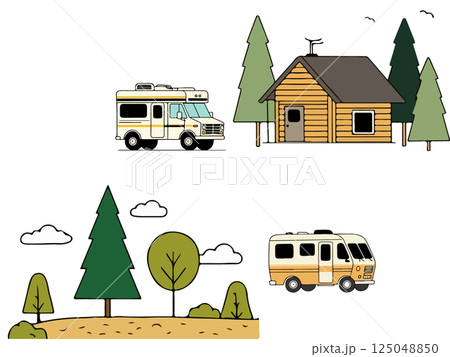Camping Scene with RVs and Cabin Camping Scene with RVs and Cabin 125048850