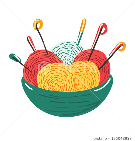 Yarn Balls and Knitting Needles in Bowl 125048958