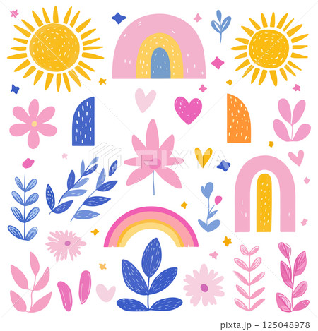 Colorful Boho Pattern with Sun, Rainbow, and Flowers Colorful Boho Pattern with Sun, Rainbow, and Flowers 125048978