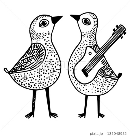 Two Stylized Birds, One with Guitar 125048983