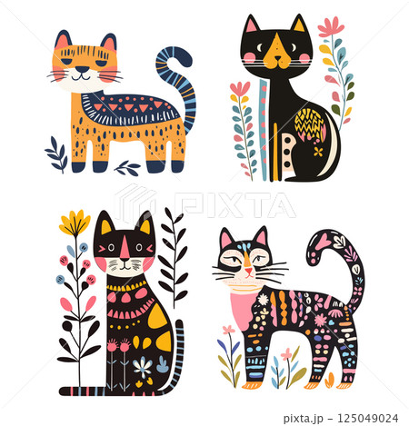 Stylized Cats with Floral Accents 125049024