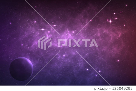 Cosmos background. Galaxy with bright stardust. Color starry nebula with planet. Magic outer space wallpaper. Fantastic space texture. Glowing universe with shining stars. Vector illustration 125049293