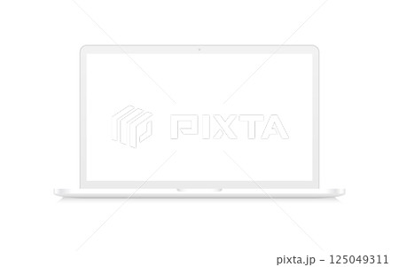 White laptop mockup with blank screen. Notebook with clean display on white background. Modern device layout for presentation or advertisement. Vector illustration 125049311
