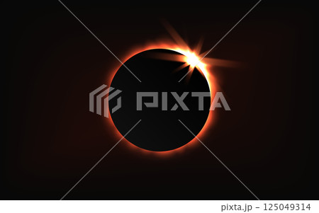 Total solar eclipse. Black circle with glowing rays. Realistic sun circle with light on black background. Planet with lens flare in space. Vector illustration 125049314
