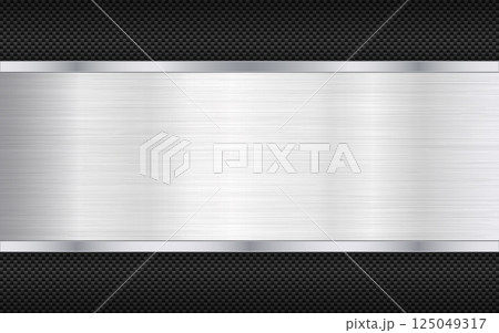 Carbon fiber background with metal plate. Industrial texture with steel details. Chrome sheet with light effect. Metallic polished surface with glares. Vector illustration Carbon fiber background with metal plate. Industrial texture with steel details. Chrome sheet with light effect. Metallic polished surface with glares. Vector illustration 125049317