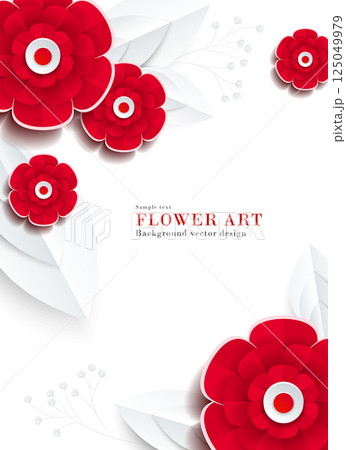 抽象的な赤い花(薔薇・椿・牡丹など)のペーパークラフト風イラスト｜背景素材アートシリーズ 125049979