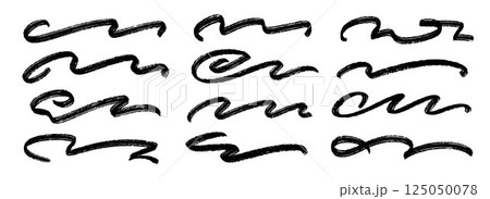 Black wave paint line set. Squiggle sketch brush stroke collection. Charcoal flourish pack for highlight, underline, emphasis. Vector rough scribble swoosh stripe bundle. Handdrawn crayon chalk strips Black wave paint line set. Squiggle sketch brush stroke collection. Charcoal flourish pack for highlight, underline, emphasis. Vector rough scribble swoosh stripe bundle. Handdrawn crayon chalk strips 125050078