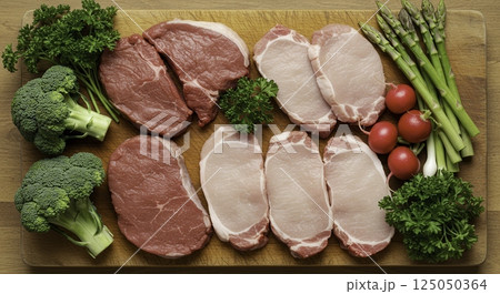 Overhead shot of raw meat cuts and fresh vegetables on a wooden cutting board. Concept of healthy eating and balanced diet. 125050364