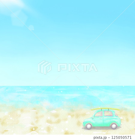 青空の下、夏の海辺をサーフボードを乗せた車が走っている風景。夏らしい爽やかなイラスト。 125050571