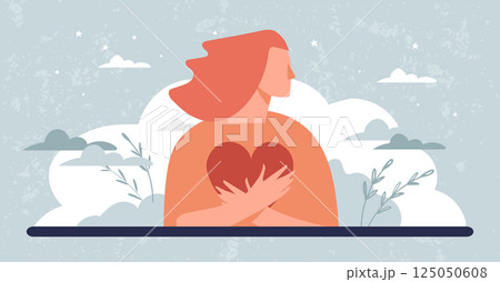 Self love concept banner, volunteering and psychological help, woman hugging heart, healing from trauma, peace of mind. Vector flat illustration. 125050608