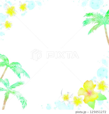 ヤシの木と南国の花々のトロピカルフレーム。水彩タッチの爽やかなイラスト。 125051272