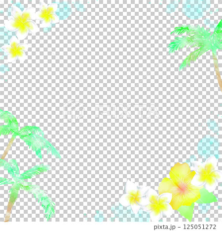 ヤシの木と南国の花々のトロピカルフレーム。水彩タッチの爽やかなイラスト。 125051272