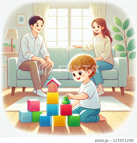 積み木で遊ぶ親子 125051290