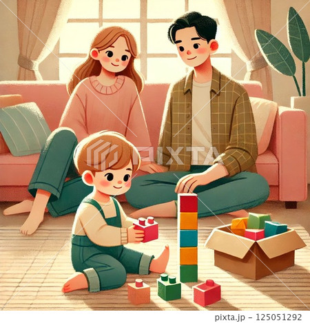 積み木で遊ぶ親子 125051292