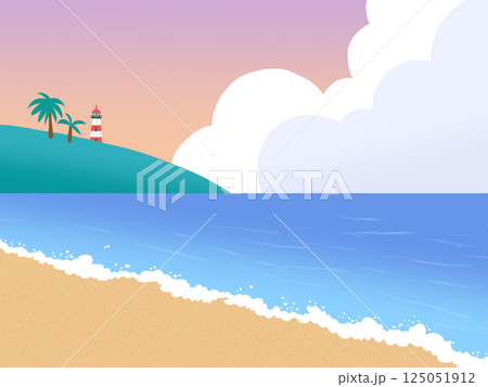 オレンジ色の夕焼け空と海の風景イラスト 125051912