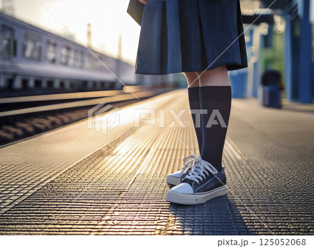 駅のホームに立つ女学生　AI生成画像　 125052068