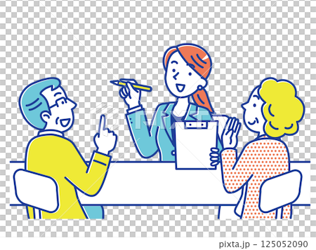 A young woman in a suit listening to an elderly couple 125052090