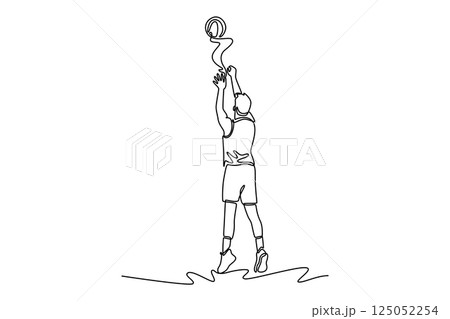 Single one line drawing back view basketball player wearing sports clothes, training scoring shooting free throw. Play with ball at court arena. Continuous line draw design graphic vector illustration Single one line drawing back view basketball player wearing sports clothes, training scoring shooting free throw. Play with ball at court arena. Continuous line draw design graphic vector illustration 125052254