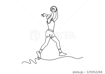 Single continuous line drawing beauty professional woman basketball player in sport clothes jumping and making dunk while training on playground court. One line draw graphic design vector illustration 125052268