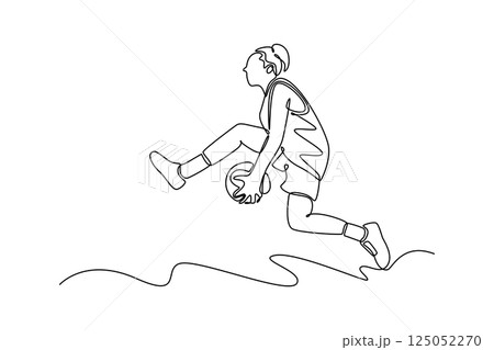 Single continuous line drawing female basketball player makes acrobatic slam dunk at national sport arena. Competitive game play on streetball court. One line draw graphic design vector illustration Single continuous line drawing female basketball player makes acrobatic slam dunk at national sport arena. Competitive game play on streetball court. One line draw graphic design vector illustration 125052270