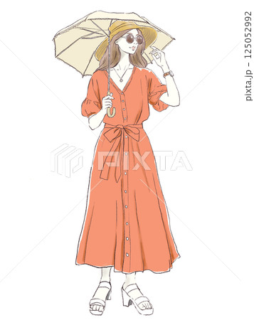 日焼け対策をする女性。日傘とサングラスで夏の紫外線対策を意識したファッションイラスト 125052992