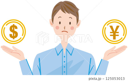 ドル　円　お金のことを考える男性のイラスト 125053013