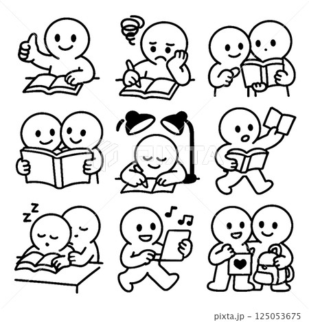 Reading is joyful activity that brings people together, showcasing various emotions and interactions. This illustration captures characters engaged reading, studying, and sharing moments 125053675