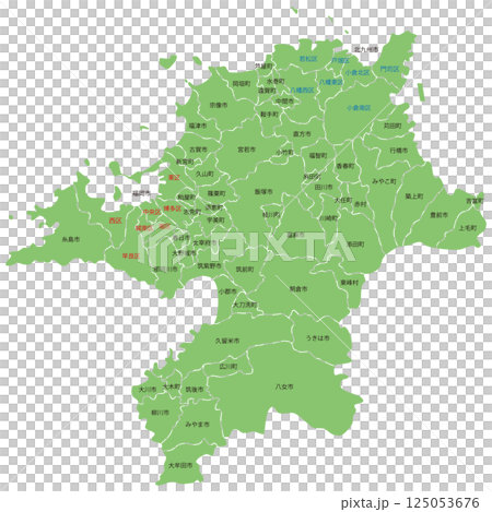 Dividable map of Fukuoka prefecture with ward, city, town and village names 125053676