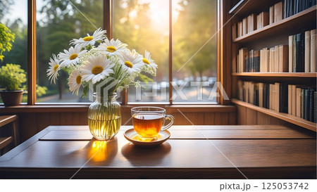 花とカップのあるテーブル、カフェ・ソファ 125053742