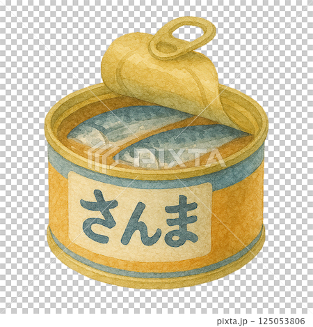 Watercolor illustration of an open can of pacific saury (preserved food, canned food) 125053806