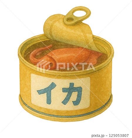 イカの缶詰イラスト（保存食・魚介の缶詰・水彩風） 125053807
