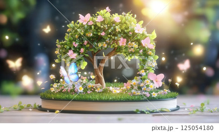 ピンクの花が咲いている木と蝶 125054180
