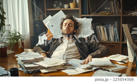 A stressed man struggles as he drowns in a massive pile of documents, overwhelmed by paperwork and deadlines. The concept of workplace stress, bureaucracy, and information overload. Generative AI. 125054309