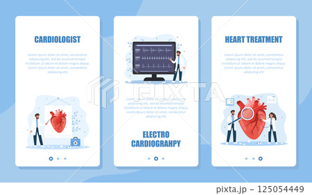 Cardiology banner set. Heart exam and treatment. Male cardiologist make diagnosis and choose therapy. ECG concept. Vector illustration in flat cartoon style. Prevention of heart diseases 125054449