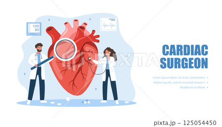 Cardiac surgeon concept. Heart medical diagnosis and treatment. Cardiovascular diseases and healthcare. Female and male doctor. Flat Vector illustration 125054450