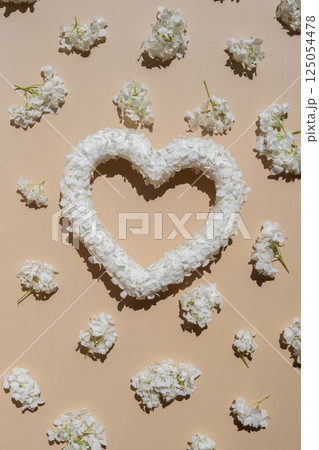 Symbol of love beautiful flower petals in heart shape in beige background. Creative concept of St Valentines day, weeding romantic date or anniversary. Copy space 125054478