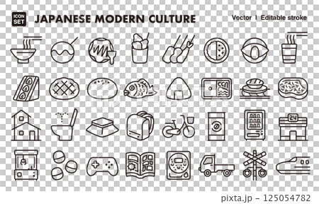 日本當代文化圖示插畫集EPS版本可編輯改變線條粗細等。 日本當代文化圖示插畫集EPS版本可編輯改變線條粗細等。 125054782