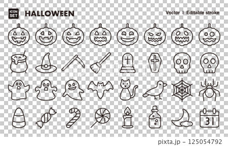 萬聖節圖示插圖集EPS版本可以編輯以更改線條粗細等。 125054792