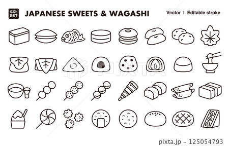 日本のスイーツと和菓子のアイコンイラストセット　EPS版は線の太さ等編集可能 125054793