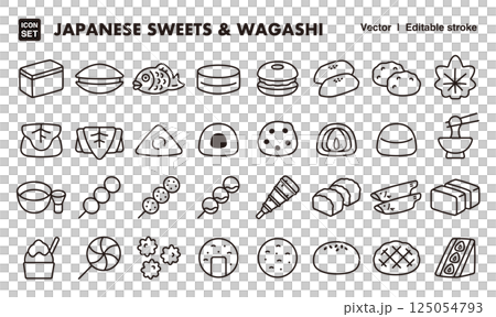 日本のスイーツと和菓子のアイコンイラストセット　EPS版は線の太さ等編集可能 125054793