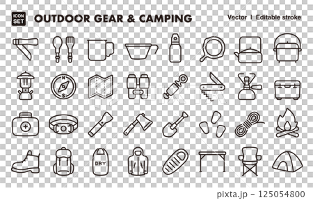 戶外裝備和露營設備圖示插圖集EPS版本可以編輯以更改線條粗細等。 125054800