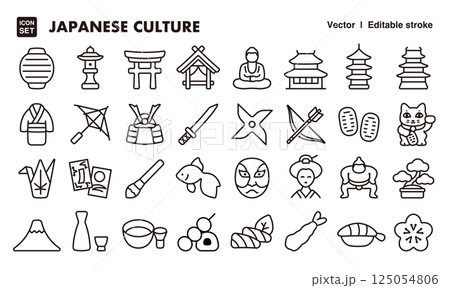 日本の伝統文化アイコンイラストセット　EPS版は線の太さ等編集可能 125054806
