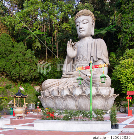 Giant statue of Buddha at Chin Swee Caves Temple in Genting Highlands, Malaysia, surrounded by lush greenery 125055026