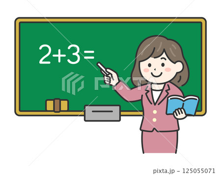 黒板で算数を教える、女性教師（線画カラー）のイラスト 125055071